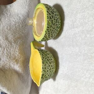 Holt Howard Vintage 1960 Ceramic Cantelope Creamer & Sugar Set w/Plastic Lid